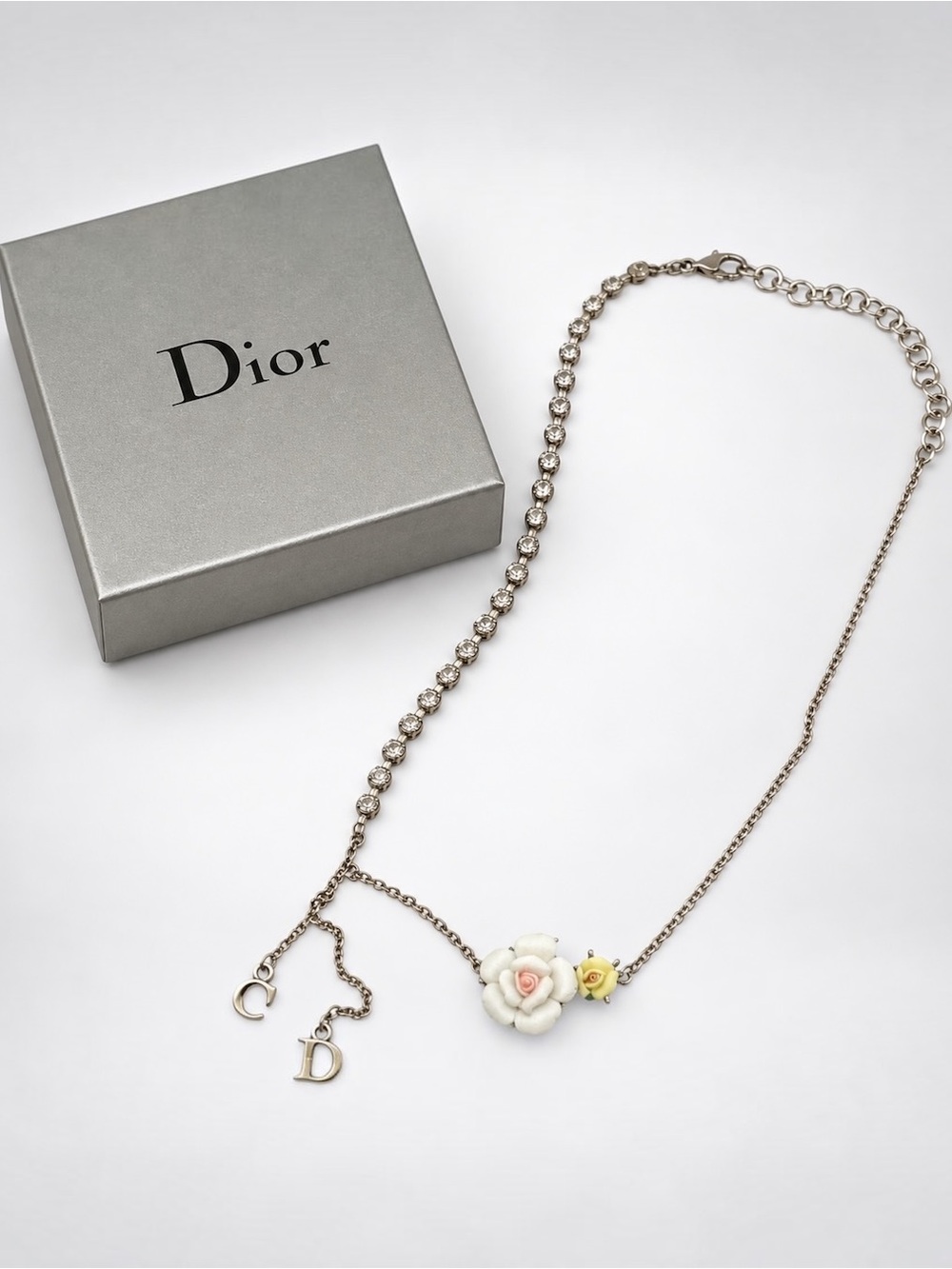 Christian Dior Authentic Vintage Pastel Rose Crystal CD Logo Necklace Rare Box